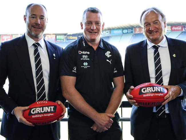 2022: Carlton president Luke Sayers (from left), coach Michael Voss and chief executive Brian Cook.