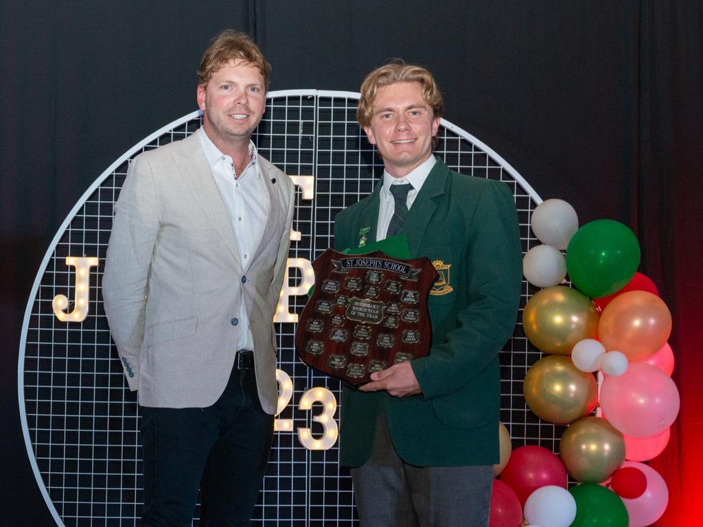 St Joseph's College Stanthorpe teacher Mr Jared Crisp (L) with student Coen Taylor (R) who received the senior sports star of the year award for 2023. Photo: Supplied.