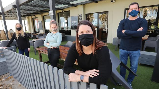 Angela Dawson from Republica restaurant, with staff Natarlia Vogels, Jessica Rijs and Andrew George, in St Kilda. Picture: Alex Coppel