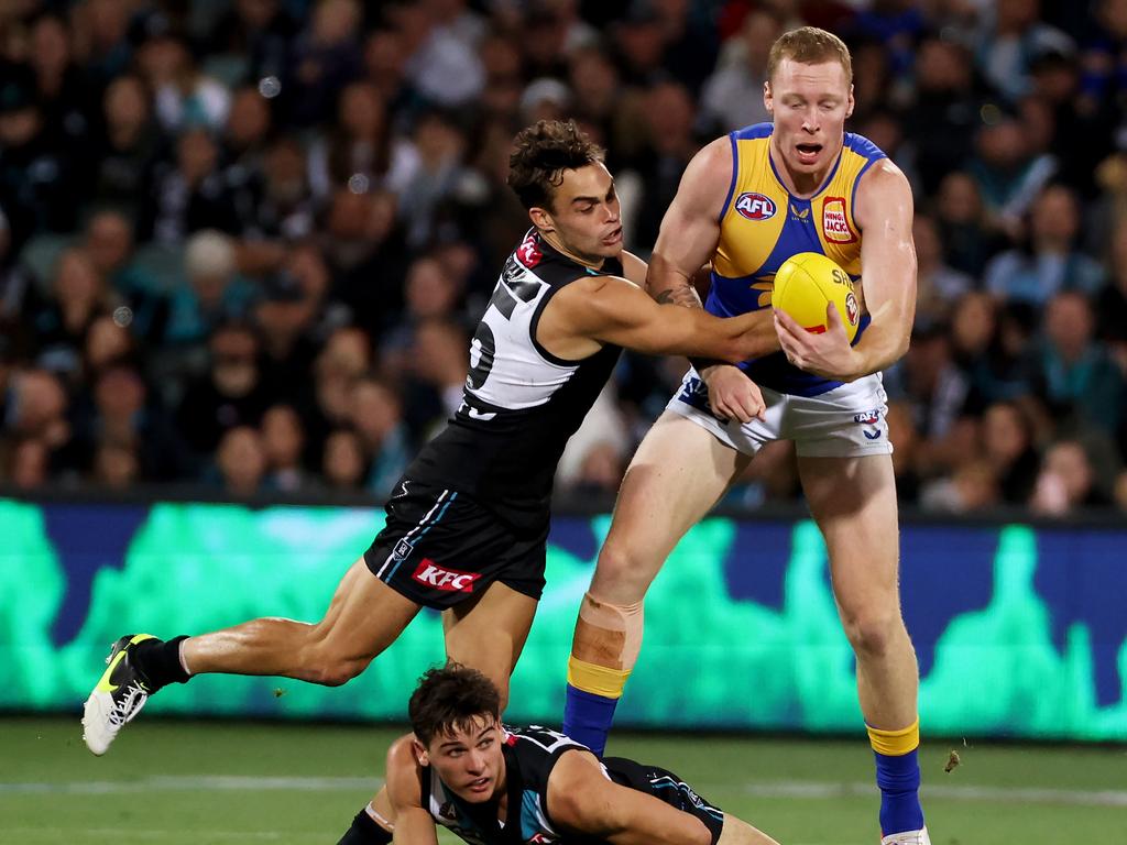 Port Adelaide star Karl Amon’s performance against the West Coast Eagles was impressive enough to warrant team selection next week. Picture: James Elsby/AFL Photos via Getty Images