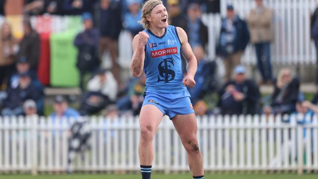 Sturt’s Chad Reschke celebrates kicking a goal against Woodville-West Torrens at Unley Oval on Saturday. Picture: Corey Sutton/SANFL