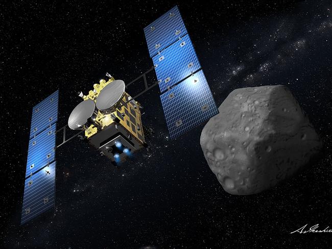 An artistic illustration by Mr. Akihiro Ikeshita of the Hayabusa2 spacecraftâs rendezvous with the asteroid Ryugu. *** Local Caption *** The Department of Defence and the Australian Space Agency are supporting the Japan Aerospace Exploration Agencyâs (JAXAâs) Hayabusa2 mission to return the first ever sub-surface asteroid samples to Earth from the asteroid Ryugu.   The Hayabusa2 sample return capsule is expected to land in the Woomera Prohibited Area (WPA) on 6 December 2020. Hayabusa2 departed Ryugu in November 2019, with the return journey taking just over one year to reach back to Earth. The capsule will return to the ground with samples from Ryugu while the Hayabusa2 spacecraft will re-join its interplanetary transfer orbit.  The samples from the 4.5 billion year old asteroid will help scientists study the origin and evolution of the solar system, including the origin of organic matters and water of Earthâs oceans and the source of life. A team of mission specialists from JAXA will conduct the sample recovery mission in the WPA, supported by a specialist team from NASA who will conduct airborne observations of the re-entry.