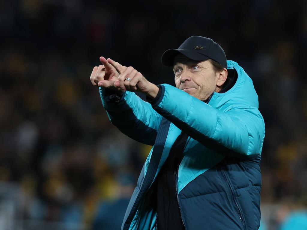 Coach Tony Gustavsson celebrates Australia’s win over Denmark. Picture: Getty