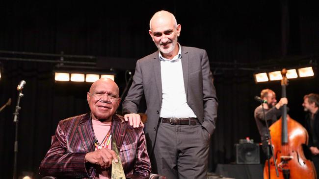 Archie Roach and Paul Kelly at the The Lighthouse Theatre in Warrnambool for Roach's induction into the ARIA Hall of Fame in 2020. Picture: Justin Williams