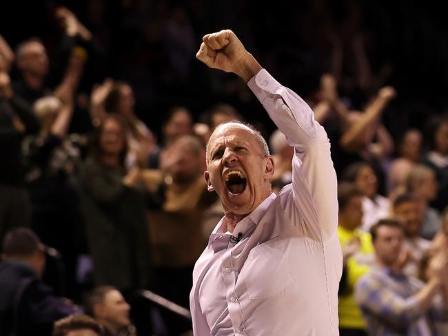 WOLLONGONG, AUSTRALIA - JUNE 01:  Brian Goorjian head coach of the Hawks celebrates victory during the round 21 NBL match between the Illawarra Hawks and the Perth Wildcats at WIN Entertainment Centre, on June 01, 2021, in Wollongong, Australia. (Photo by Mark Kolbe/Getty Images)