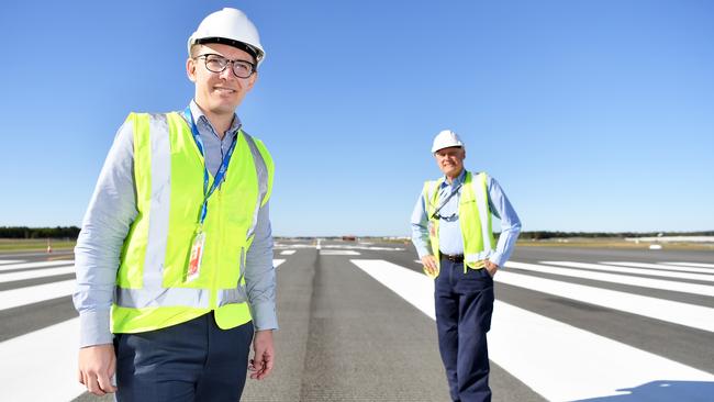 Sunshine Coast Airport new runway tarmac.  Pictured, Gareth Williamson general manager aviation business development and Ross Ullman project director Sunshine Coast Airport Expansion. Photo Patrick Woods / Sunshine Coast Daily.