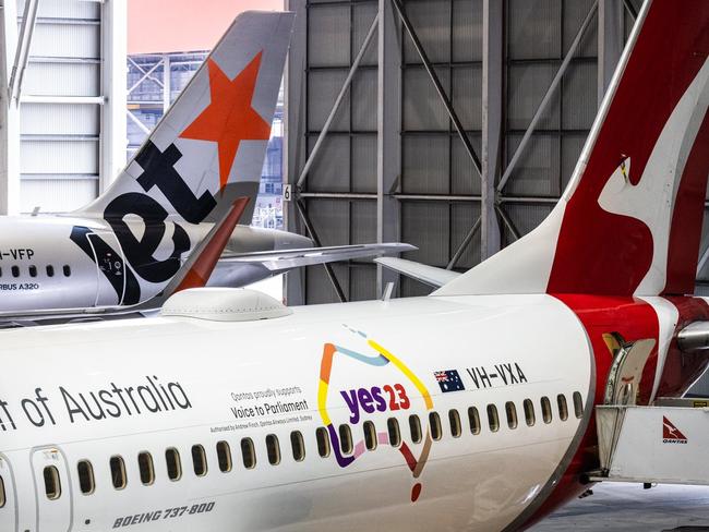 Qantas has unveiled its new livery on three aircraft, in support of the Voice to Parliament referendum. Picture: Qantas