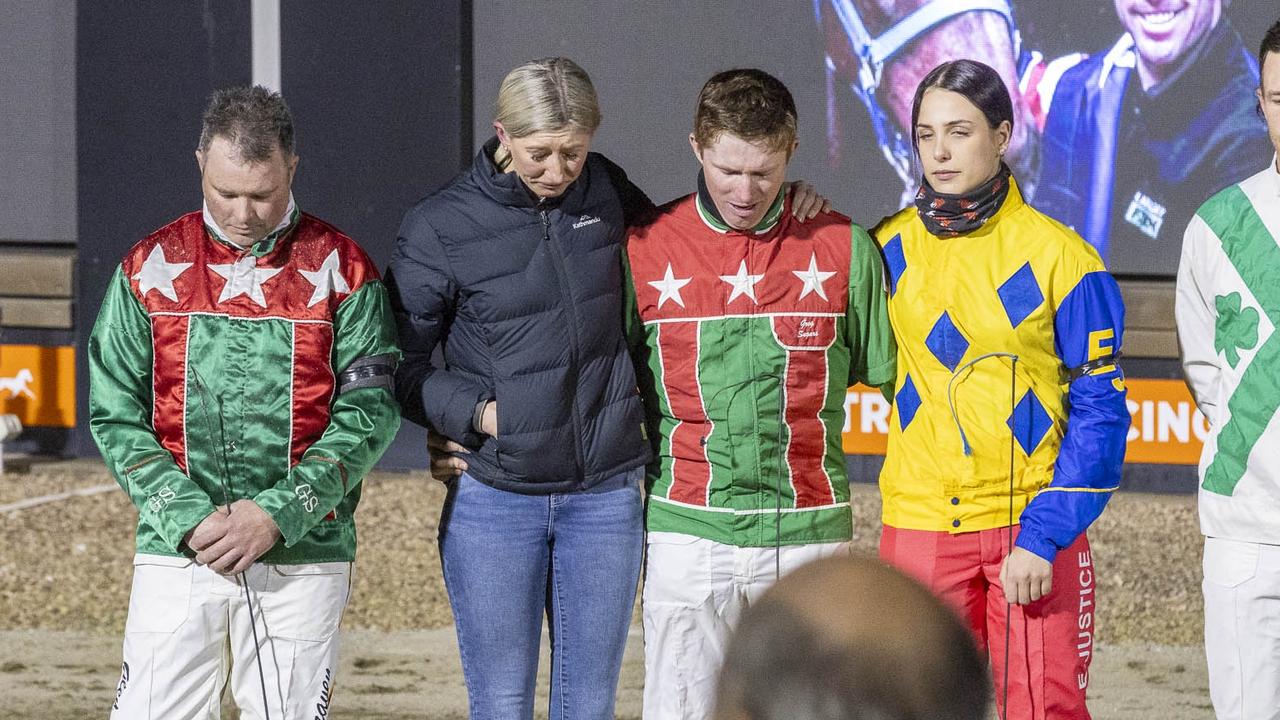 James Herbertson (second from right) with Jess Tubbs (second left) at Greg Sugars’ memorial service. Picture: Stuart McCormick