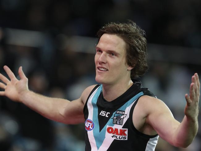 14/06/18 - AFL - Port Adelaide v Western Bulldogs at The Adelaide Oval. Jared Polec celebrates his goal with the crowd. Picture SARAH REED