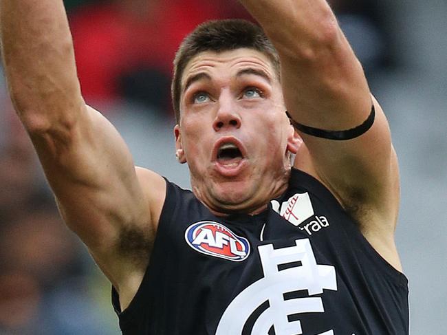 AFL Round 11. 02/06/2019.   Essendon v Carlton at the MCG.   Matthew Kreuzer of the Blues takes a mark on the lead in first quarter   . Pic: Michael Klein.