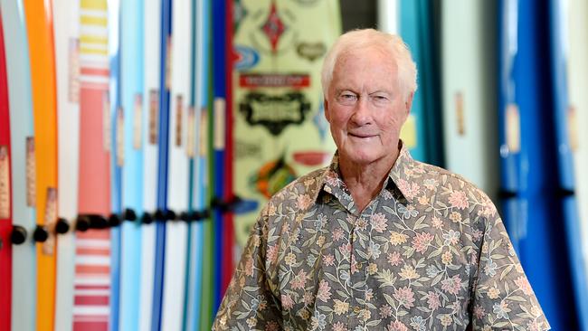 Barry Bennett poses during a photo shoot in his surfboard showroom at Brookvale after receiving his OAM.