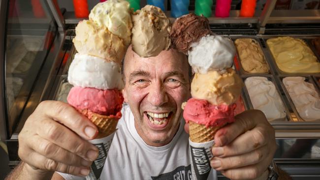 Fritz Gelato founder Andrew Johnston with a rainbow of gelato at his Richmond store. Picture: Nicole Cleary