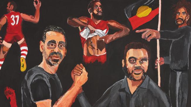 The 2020 Archibald Prize winner, Vincent Namatjira’s ‘Stand strong for who you are’ featuring former footballer Adam Goodes and Vincent Namatjira. Picture: Supplied