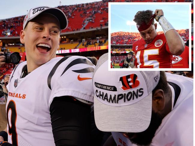 Joe Burrow celebrates while Patrick Mahomes tries to understand where it all went wrong. Photo: Getty Images