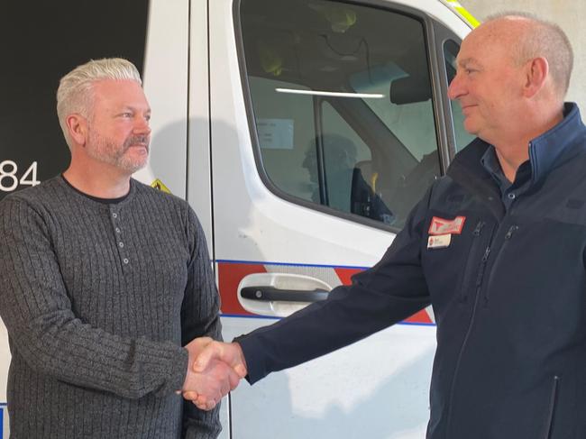 MICA paramedic Mark Eddey and his former patient Jonathon Evans reunited 9 months after Mr Evans was rescued from a horrific car crash on the side of Mt Hotham last year.Â 