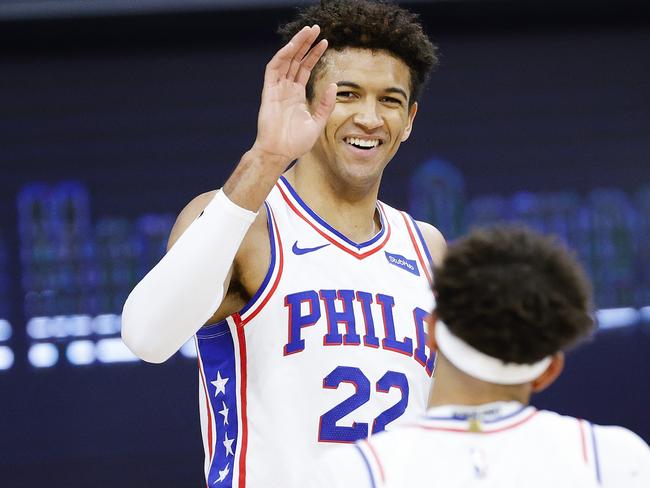 PHILADELPHIA, PENNSYLVANIA - FEBRUARY 17: Matisse Thybulle #22 of the Philadelphia 76ers celebrates with Seth Curry #31 during the second quarter against the Houston Rockets at Wells Fargo Center on February 17, 2021 in Philadelphia, Pennsylvania. NOTE TO USER: User expressly acknowledges and agrees that, by downloading and or using this photograph, User is consenting to the terms and conditions of the Getty Images License Agreement.   Tim Nwachukwu/Getty Images/AFP == FOR NEWSPAPERS, INTERNET, TELCOS & TELEVISION USE ONLY ==