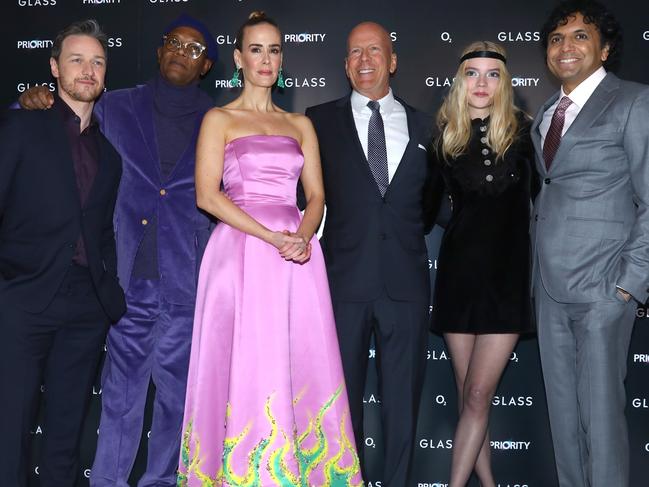 James McAvoy, Samuel L. Jackson, Sarah Paulson, Bruce Willis, Anya Taylor-Joy and M. Night Shyamalan attend the UK premiere of "Glass". Picture: Getty