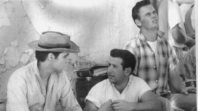 Presley with road manager Joe Esposito on set of film "Flaming Star", 1960.