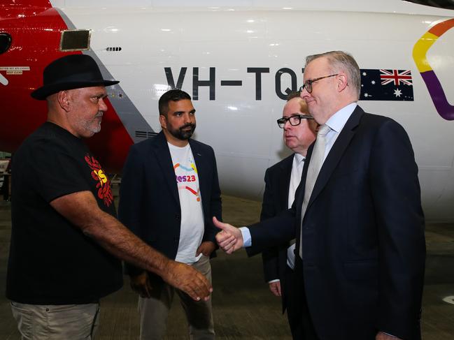 SYDNEY, AUSTRALIA  - AUGUST 14 2023: Noel Pearson, Dean Parkin, Prime Minister, Anthony Albanese and Qantas CEO Alan Joyce are seen at the the launch of the Qantas 'Yes' Campaign where The Prime Minister will deliver a speech. Picture: NCA Newswire / Gaye Gerard