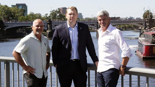 Former AFL greats Greg Williams (left) and Shaun Smith (right), with US concussion crusader Chris Nowinski (middle). Picture: Concussion Legacy Foundation