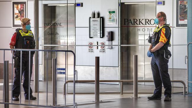 Police outside the Park Royal Hotel at Melbourne Airport. Picture: David Geraghty