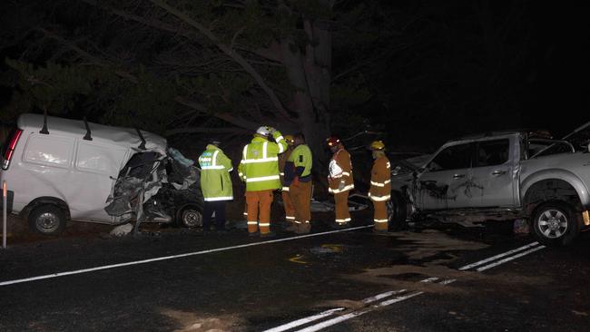 Major Crash Investigators, CFS and Police attend the scene of the crash on Victor Harbor Road which killed two brothers. Picture: Emma Brasier