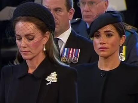 Prince William, Prince Harry, Kate Middleton and Meghan Markle stood together at the service at Westminster Hall. Picture: BBCGrab for Sally Willoughby