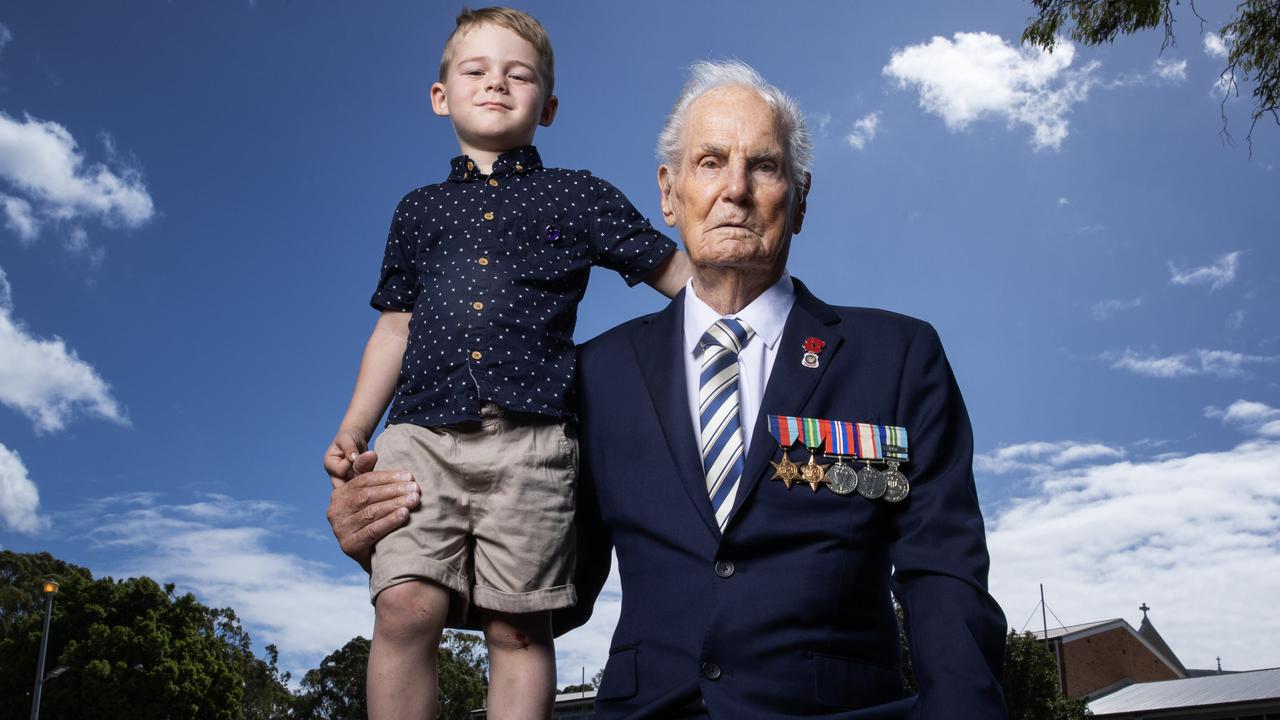 World War II veteran Jim Grebert, who served in the 58th Infantry Battalion in New Guinea and Bougainville, and great-great-grandson Connor, 4, at Sandgate, where he will take part in the Anzac Day proceedings on Tuesday. Picture: Lachie Millard