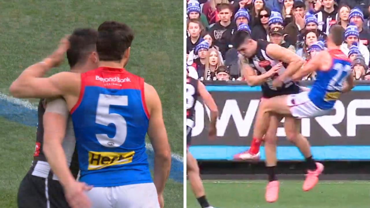 Christian Petracca shakes hands with Brayden Maynard. Photo: Fox Footy.