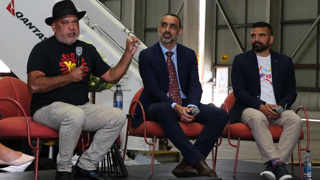 Noel Pearson, Adam Goodes and Dean Parking at the launch of the Qantas 'Yes' Campaign in Sydney. Picture: Gaye Gerard