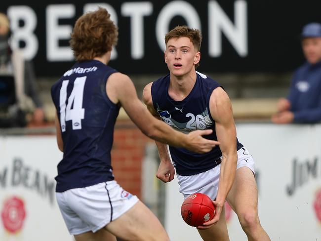 ADELAIDE, AUSTRALIA – June 30: Luke Trainor of Victoria Metro during the 2024 Marsh AFL Championships U18 Boys match between South Australia and Victoria Metro at Alberton Oval on June 30, 2024 in Adelaide, Australia. (Photo by Sarah Reed/AFL Photos via Getty Images)