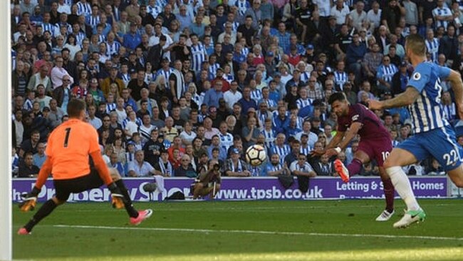 Brighton goalkeeper Mat Ryan can't prevent Sergio Aguero from scoring.