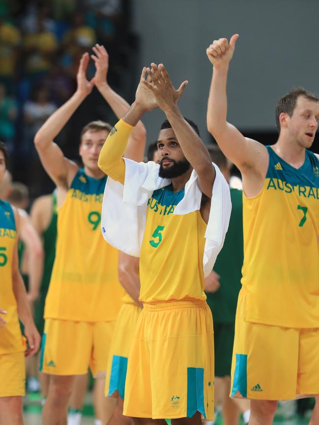 Rio Olympics 2016. The Men's Australian Basketball team, the Boomers, v. Lithuania at Carioca 1, in Olympic Park Rio de Janeiro, Brazil. Australia's Patty Mills [centre] after the game. Picture: Alex Coppel.