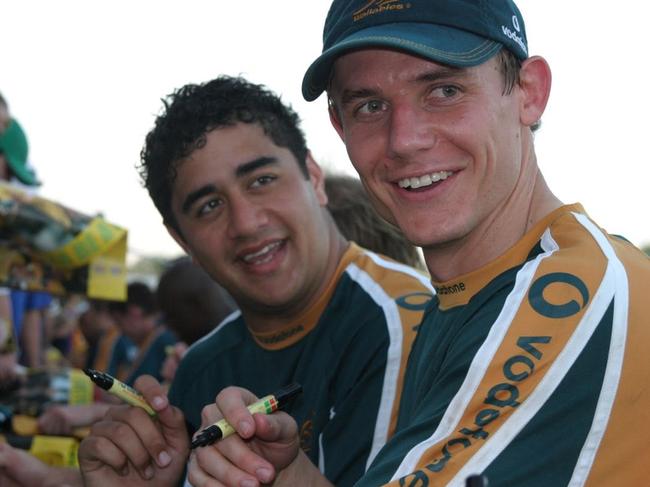 Wallabies Morgan Turinui and Stephen Larkham in Darwin ahead of the 2003 World Cup Photo Wallabies Media Unit