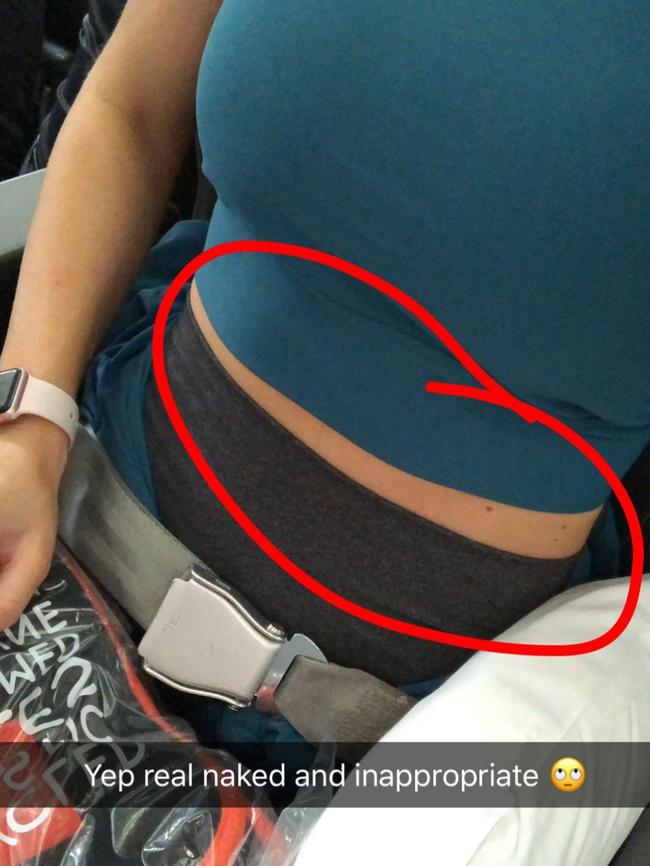 Fitness guru Ashy Bines was unimpressed with a Jetstar flight attendant's attitude to her Business Class attire. Photo Snapchat