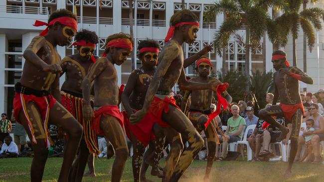 Kenbi Dances from Belyuen community at the Northern Land Council 50 Year Anniversary Concert in State Square, Parliament House, Darwin. Picture: Pema Tamang Pakhrin