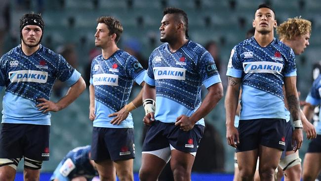 A dejected Waratahs after their loss to the Jaguares during the round 16 Super Rugby match between the NSW Waratahs and Argentina's Jaguares at Allianz Stadium in Sydney, Saturday, July 8, 2017.  (AAP Image/Dean Lewins) NO ARCHIVING