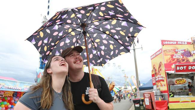 Jada Cruickshank and Dylan Day looking skyward at the Royal Geelong Show. Picture: Alan Barber