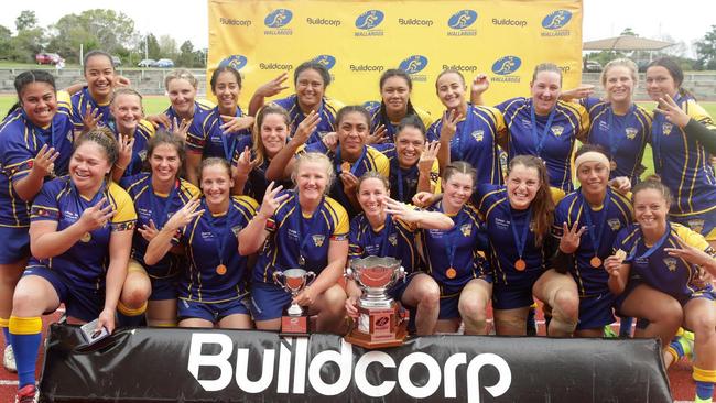 Sydney women's rugby union team celebrate their victory over ACT in the 2017 women's National Rugby XV Championships at Runaway Bay in Queensland. Pic: Sportography / Supplied