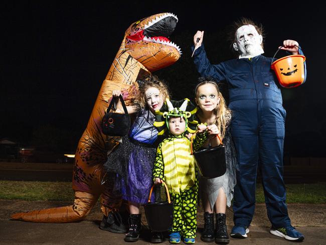 Celebrating Halloween are (from left) Aiden Duffield, Imogen Scheiwe, Archie Sharpley, Allison Duffield and Andrew Scheiwe, Thursday, October 31, 2024. Picture: Kevin Farmer