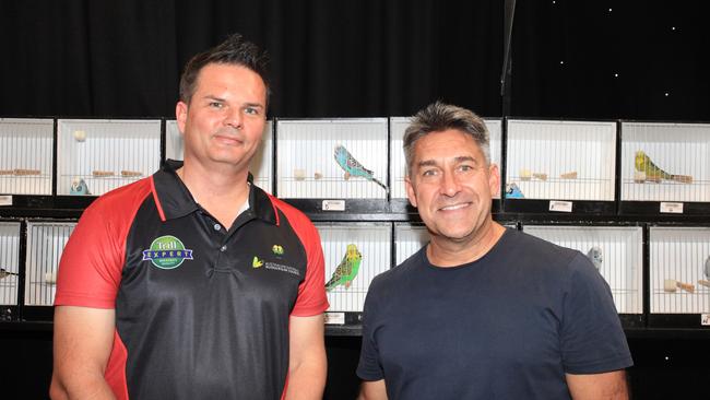 Mr Holmes and Mr Durie checking out some of the budgies. Picture: Molly Frew