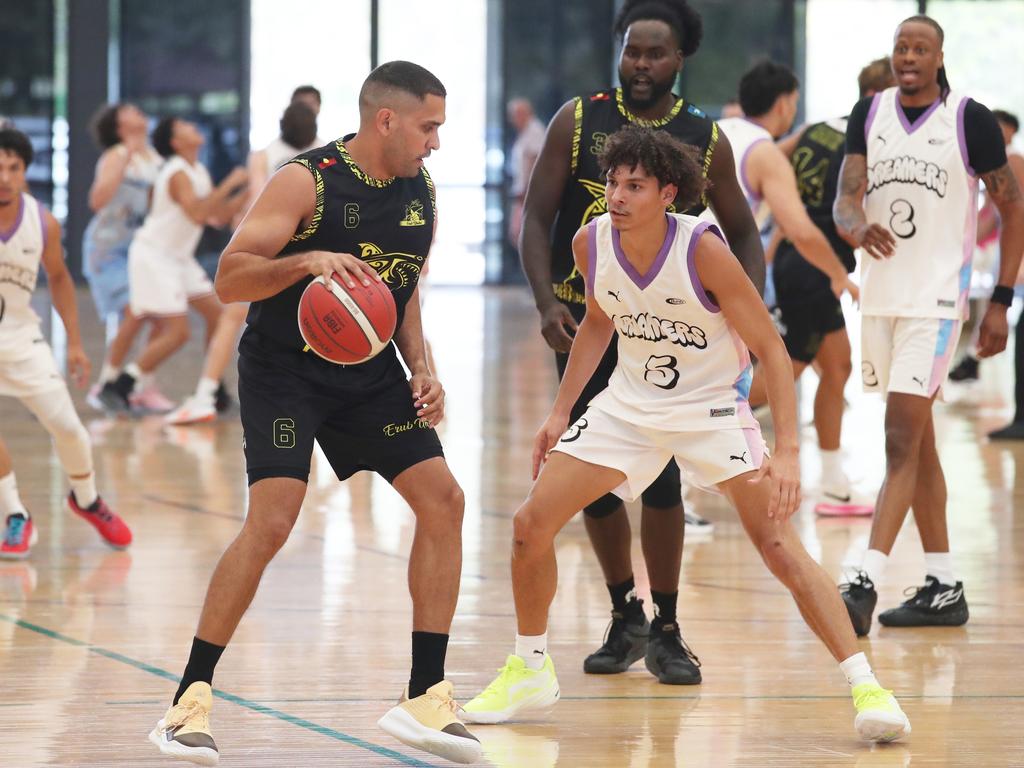 Basketball Queensland First Nations Championships at Coomera. Dreamers (white) v Erub Utd. Picture Glenn Hampson