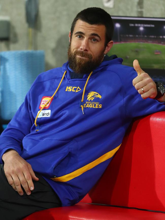 West Coast’s Josh Kennedy gives a thumbs-up despite missing most of the game against the Tigers due to concussion. Picture: Chris Hyde/Getty Images