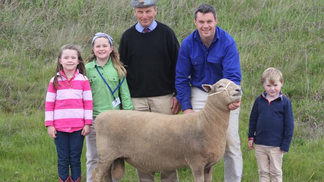 Family affair: Charlotte, Hannah, Frank, Chris and James Badcock with the champion interbreed ram from the family’s Fairbank Southdown stud.