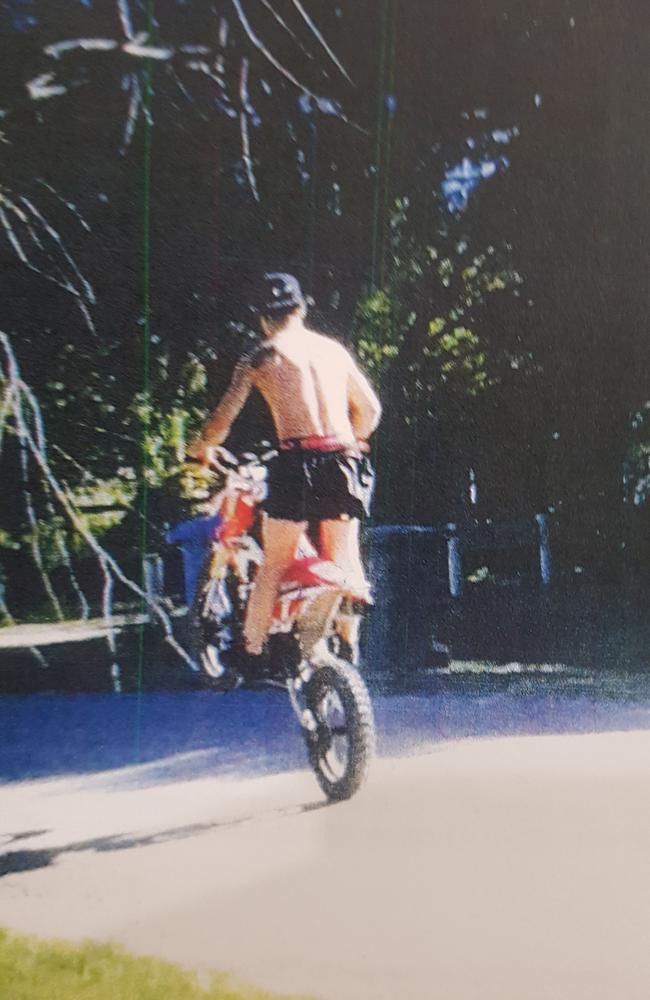 Police allege this photo shows Caleb Jakobsson riding a motorcycle down a residential street in October, 2016, while on bail over Ms Lehane’s death.