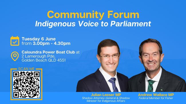 An LNP forum about the Indigenous Voice to Parliament is scheduled to happen on the Sunshine Coast in June, but the special guest is unknown, after Julian Leeser quit the Liberals’ frontbench.