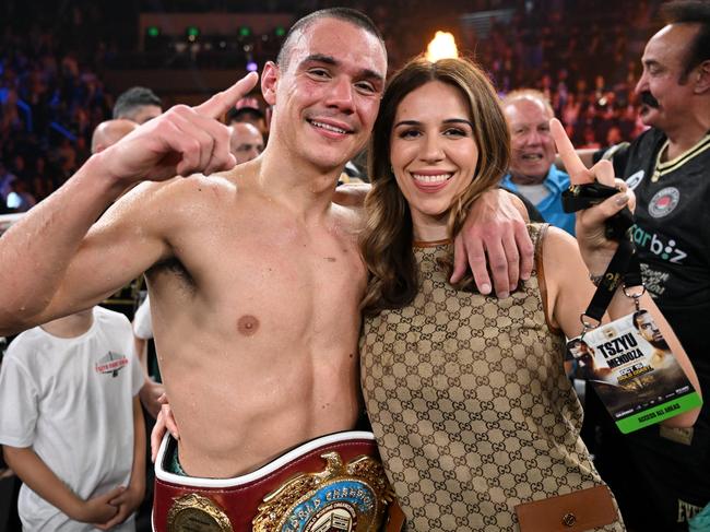 Boxer Tim Tszyu with partner Alexandra Constantine after he defeated Brian Mendoza. Picture: No Limit Boxing