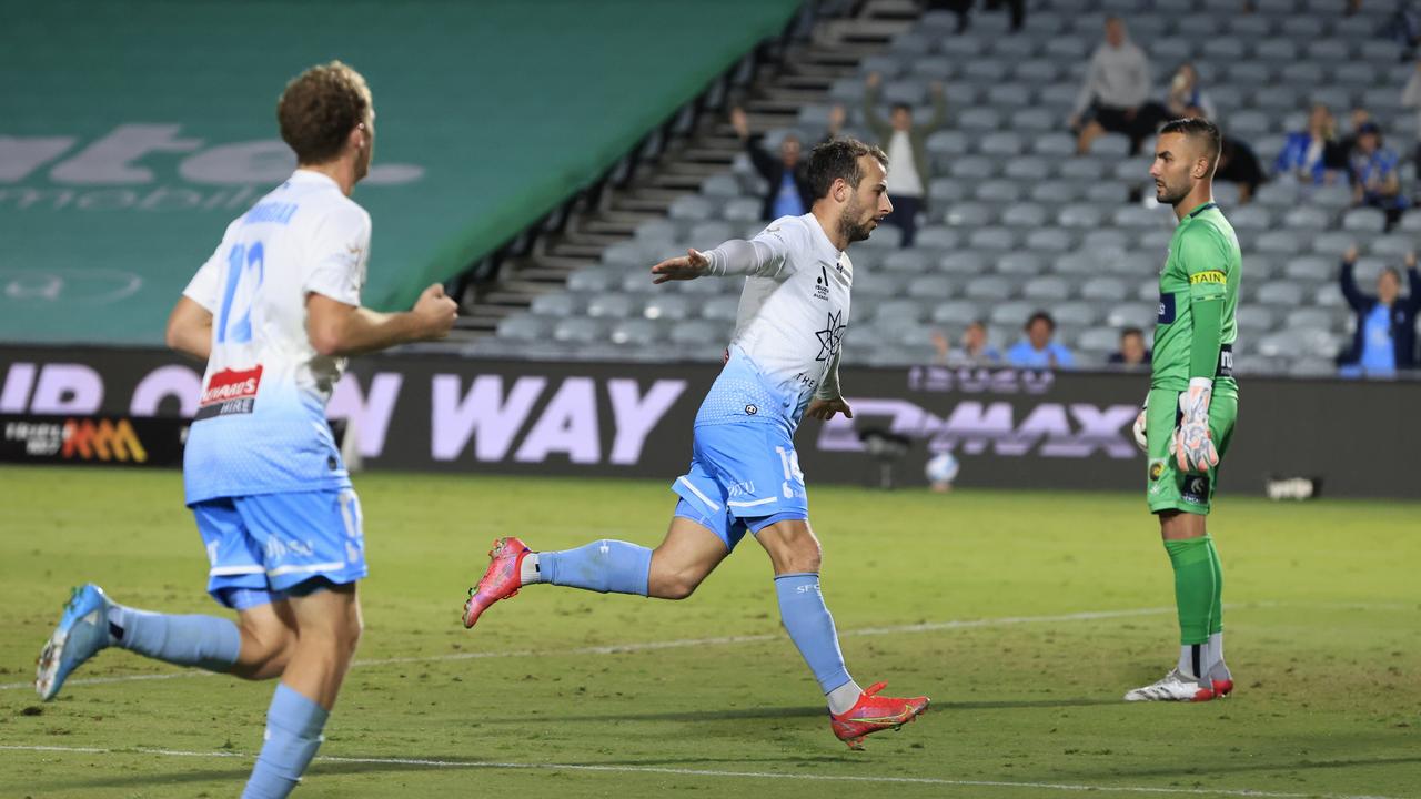 Sydney FC striker Adam Le Fondre celebrates one of his three goals in his side’s 5-0 thrashing of the Central Coast Mariners. Picture: Mark Evans/Getty Images