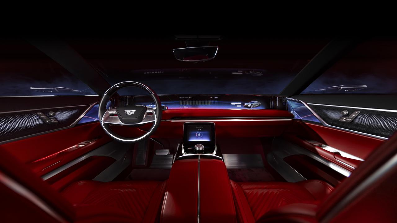 Interior view of the steering wheel, 55-inch pillar-to-pillar advanced LED screen, centre console and front seats of the CELESTIQ show car. Show car images displayed throughout. Picture: Cadillac