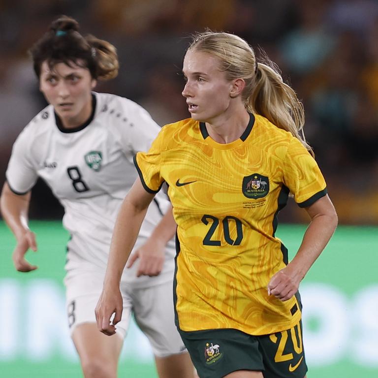 Second-gamer Kaitlyn Torpey scored a goal and set up two others in a superb performance in the 10-0 thrashing of Uzbekistan on Wednesday. Picture: Darrian Traynor / Getty Images